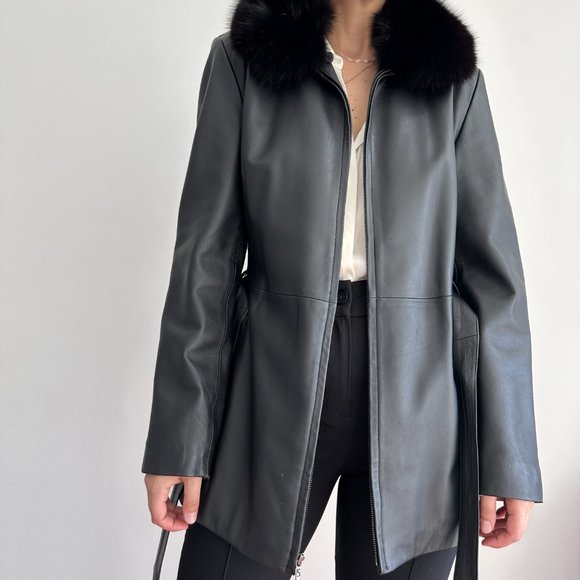 Vintage 100% genuine leather longline belted jacket w fur hood - Picture 2 of 8